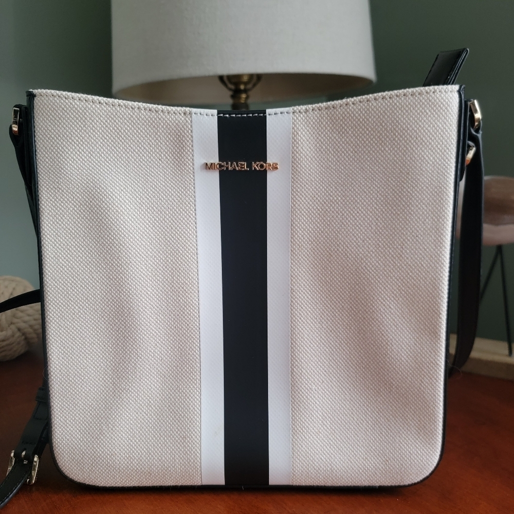 Michael Kors Jet Set Travel Large Cream Canvas Leather Crossbody Bag